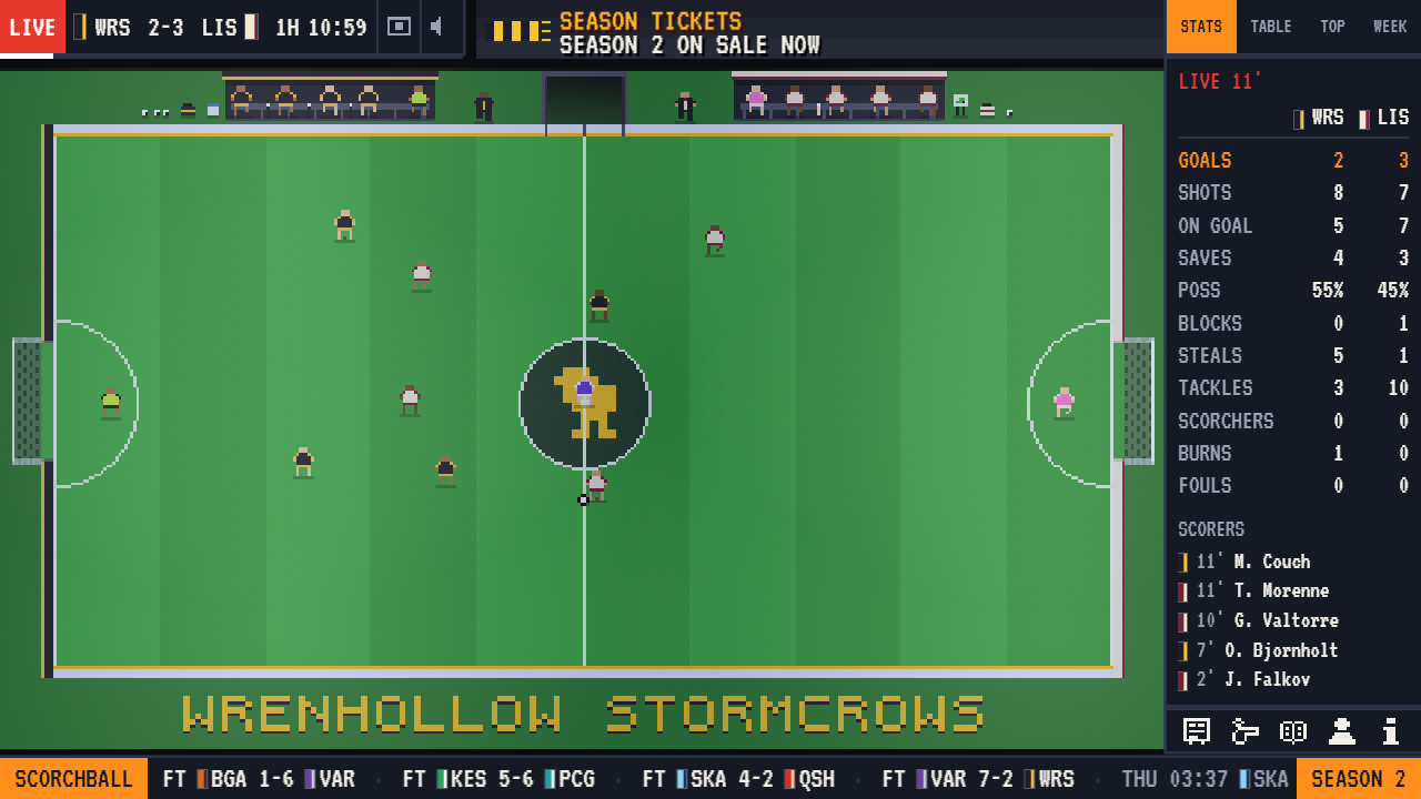 A live match on Scorchball TV: the Wrenhollow Stormcrows and the Lisle Vintners in the first half, the match stats beside the pitch and the day's results along the ticker.