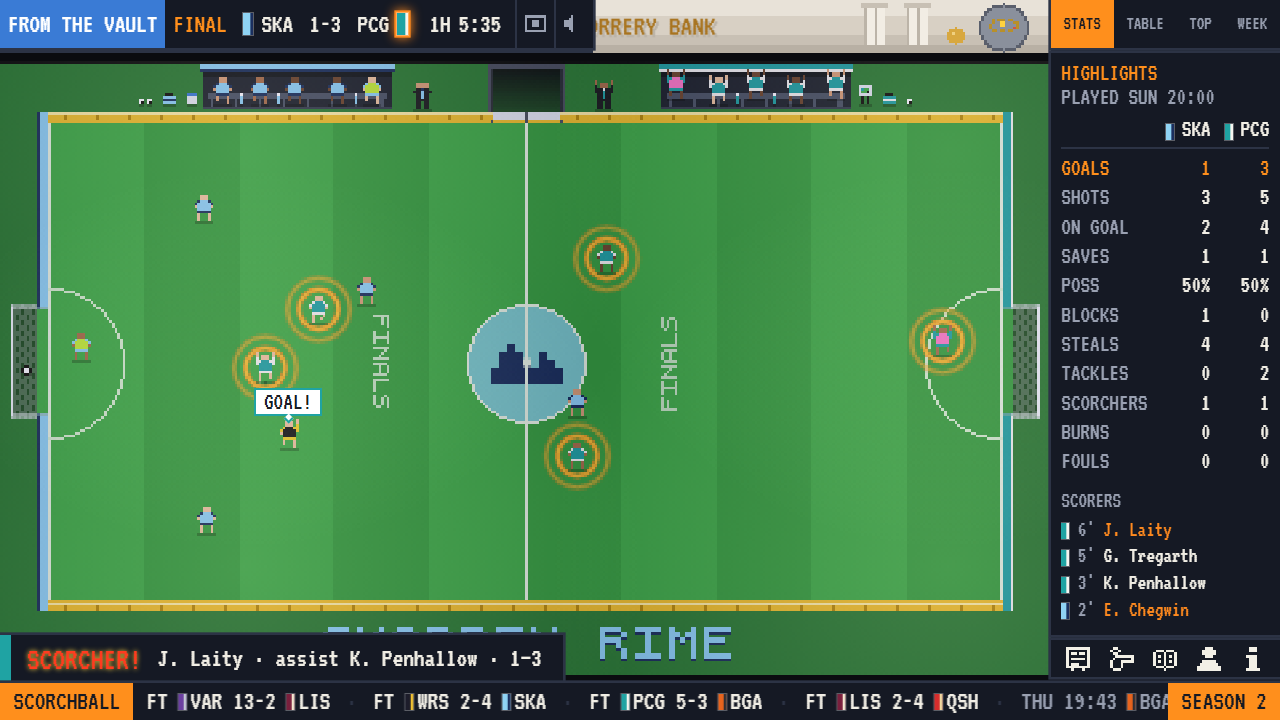 FROM THE VAULT: last season's final replayed, a scorcher by J. Laity marked with rings of heat on the pitch.